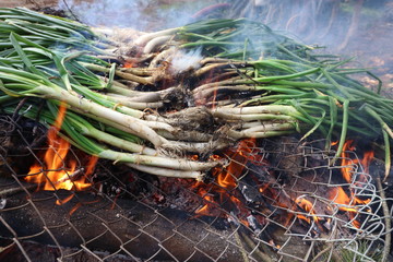 Calçots en la barbacoa y parrilla