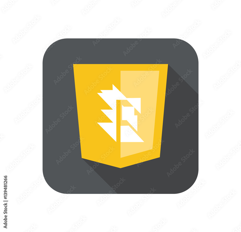 Poster web development shield yellow abstract sign isolated icon on grey badge with long shadow