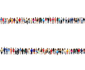 two rows of people isolated on the white. Crowd of people
