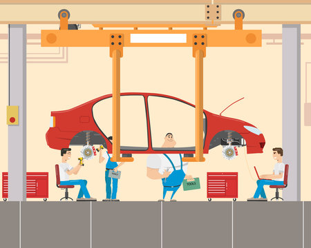Car assembly at the factory skilled mechanics. Diagnostics and Troubleshooting. Vector illustration