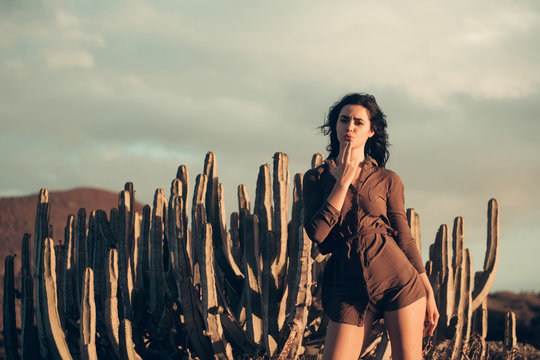 Pretty Girl Wearing Sexi Brown Shirt At Desert Cacti