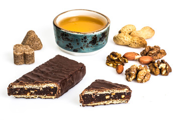 Chocolate bar with jam, honey and nuts