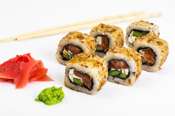 Japanese food rolls with fish and avocado