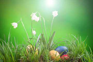 spring snowflake in the grass and Easter eggs