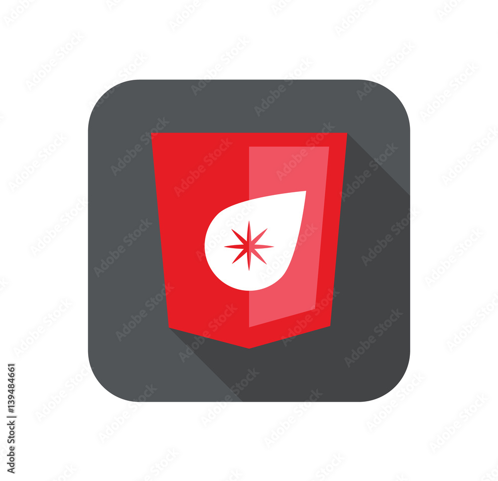 Poster web development shield red drop star sign isolated icon on grey badge with long shadow