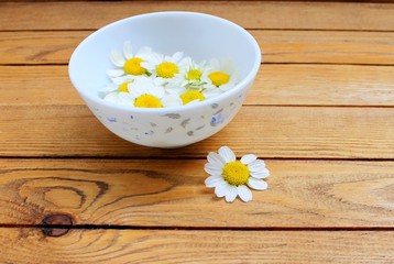 Obraz na płótnie Canvas Chamomile flowers in a white plate on a wooden table