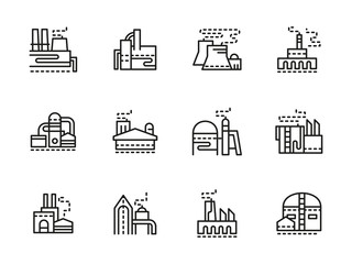 Industrial plants black line vector icons set