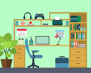 Workplace of the school kid - flat style. Vector illustration.