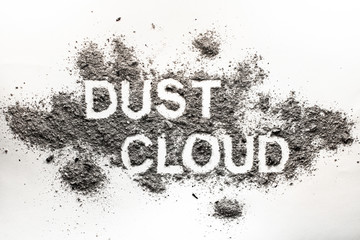 Word dust cloud written in accumulated dust, filth, dirt, ash, sand pile as dirty, grime, messy, hygiene, dusting, filthy, cleaning, abstract texture concept background