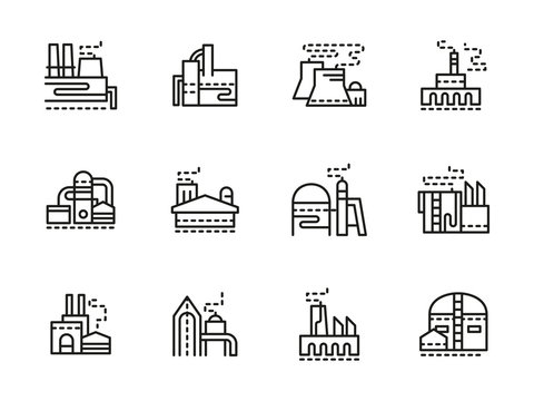 Industrial plants black line vector icons set