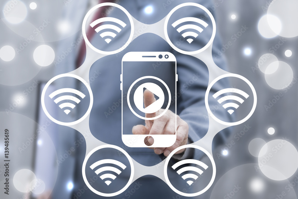 Poster live streaming social media network wifi business web concept. businessman touched smartphone play b