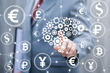 Brain gear development ideas business finance concept. Brainstorm, money idea, fintech, trade exchange web computing technology. Businessman touched brain cogwheel icon on virtual financial screen.