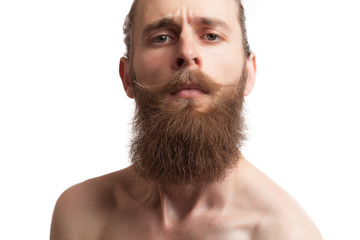 Bearded tattooed hipster on white background