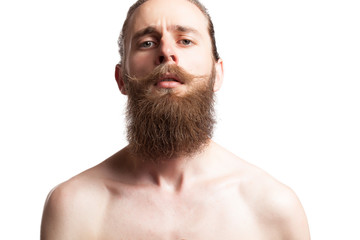 Hipster wearing a long beard on white background