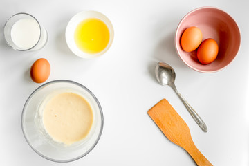 cooking pancake on white background top view ingredients for making