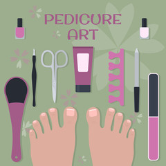 set of accessories and tools for pedicure and two feet