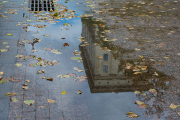 Fototapeta na wymiar Reflection in a puddle after a rain