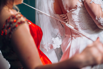 Bride and bridesmaids during the wedding preparations