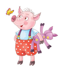 Three little pigs. Fairy tale. A cute pig with toy. Illustration for children