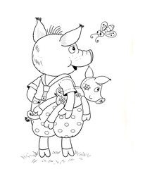 Three little pigs. Fairy tale. A cute pig with toy. Illustration for children