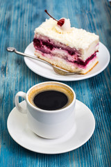 Piece of cake, sponge cakes, cream, cherries, whipped cream on b