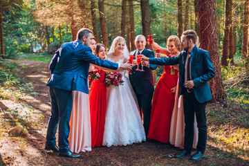 Bride and groom with happy groomsmen and bridesmaids having fun and popping champagne ilarious...