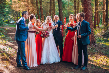Naklejka premium Bride and groom with happy groomsmen and bridesmaids having fun and popping champagne ilarious moment. Newlyweds fun with friends. Dancing people.