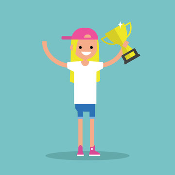 Victory conceptual illustration: young winner holding a champion cup / flat editable clip art illustration