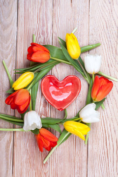 Heart shaped valentine gift with bunch of tulips
