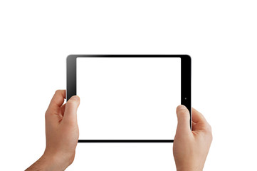 Isolated black tablet on white background in man hands