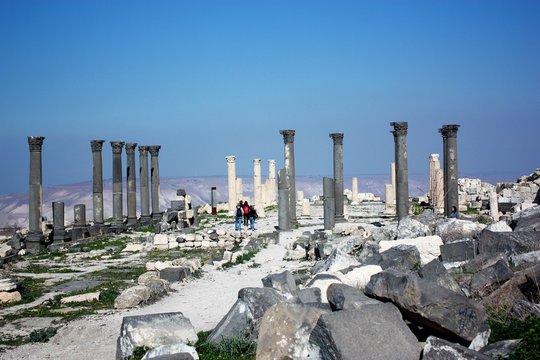 Columns of octogonal church at church terrace in Gadara Umm Qais in Jordan, Middle East