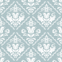 Damask vector classic blue and white pattern. Seamless abstract background with repeating elements. Orient background