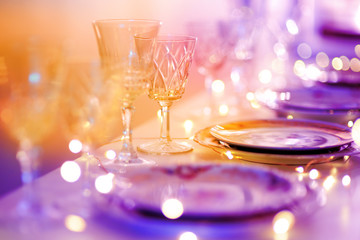 Beautiful table setting with crockery for a party, wedding reception or other festive event