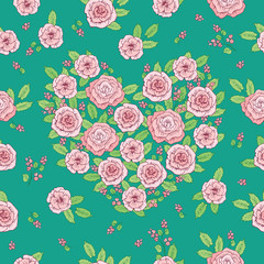 Floral seamless pattern with hand drawn pink flowers for textile, wallpapers, gift wrap and scrapbook. Flowers in the shape of a heart. Green background. Vector illustration.