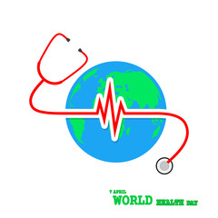 Globe Earth with stethoscope and Heartbeat sign. Vector Illustration