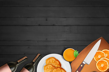 Cutting board, fruits, oranges, knife, wine, juice