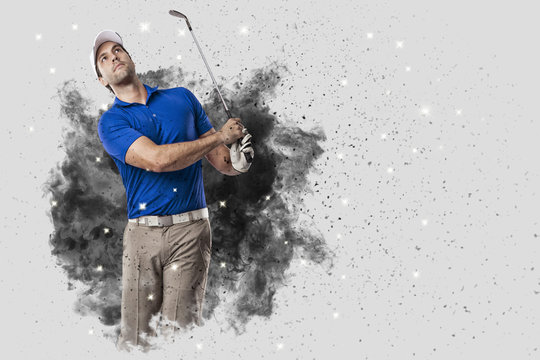 Golf Player coming out of a blast of smoke