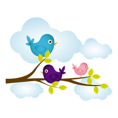 Obraz premium colorful cloudscape with birds on branch with leaves vector illustration