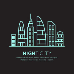 Obraz premium Vector Icon Style Illustration of Smart Modern City, New Eco District, Skyscraper Town Concept, Night Neon Light, One page web site background