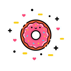 Vector illustration of cute pink cartoon donut with heart and face, can be used for party invitations, posters, prints