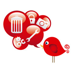 red cute cartoon bird with dialog bubble with elements vector illustration