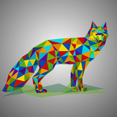Obraz premium Сolorful low poly fox. Motley beast. Vector illustration in polygonal style. Beautiful forest animal on gray background.