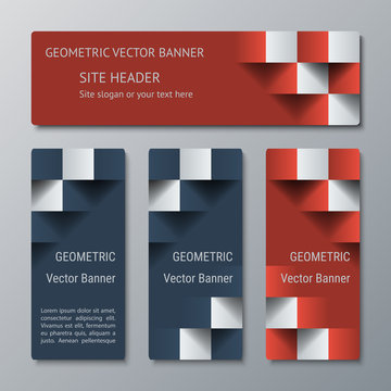 Geometric horizontal and vertical banners of the same width with the 3D effect for a business website. Four template for the header of the site and ad banners