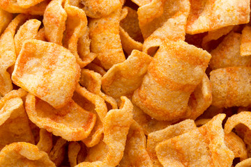 Delicious potato chips closeup becon meat.