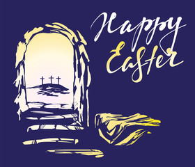 Fototapeta premium Easter Jesus Christ rose from the dead. Sunday morning. Dawn. The empty tomb in the background of the crucifixion. symbol of Christianity hand drawn vector illustration sketch