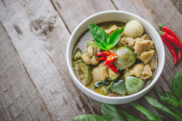 Thai Chicken Green Curry. Famous Thai Tradition Food. Image for Food Advertise in Nostalgic Concept and Rustic Vintage Tone