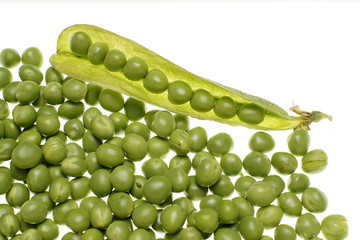 Fresh raw green peas within a pods on white background