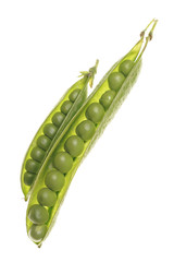 Fresh raw green peas within a pods on white background