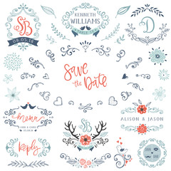 Hand drawn rustic Save the Date and Wedding collection with typographic design elements. Vector illustration.