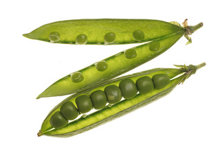 Fresh raw green peas within a pods on white background